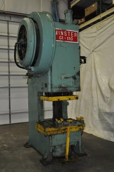110 Ton, Minster #G1-110, single crank gap frame press, 10" stroke, 17" shut height, 5" air adj., 37 SPM, 42"