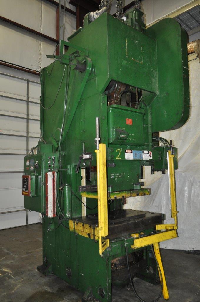 150 Ton, Bliss, single crank gap frame press, 8" stroke, 22" shut height, 4.5" adj., 40 SPM, 50" x 30" bed