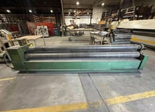 12' x 10 gauge Roundo #PA-185, 3-roll double pinch plate roll, 7.28" diameter rolls, hydraulic drop end