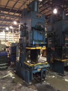 90 Ton, Niagara #E-90, back geared OBI press, 9" stroke, 18" Shut Height, 4.5" powered adj., 46 SPM, 39" x25"