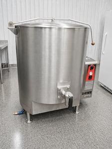 100 gallon Vulcan #GT100E, fully jacketed Nat. Gas stationary steam kettle, 2" TDO, 15 PSI, 135,000 BTU, 2019