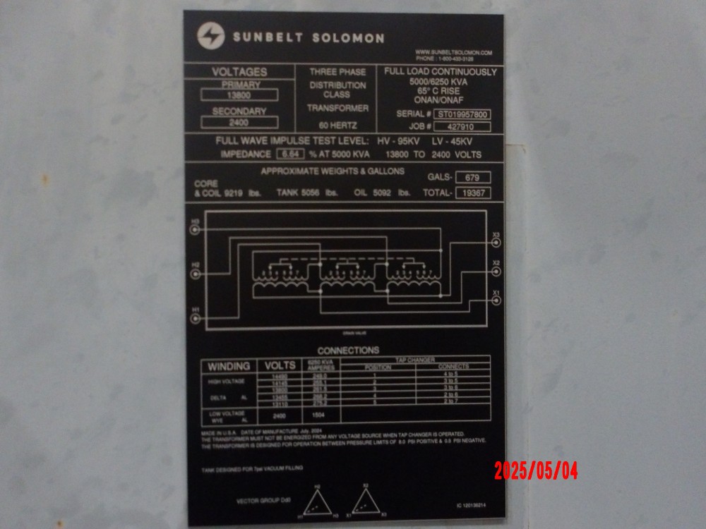5000/6250 KVA 13800 Delta Primary, 2400 Delta Secondary, Sunbelt Solomon