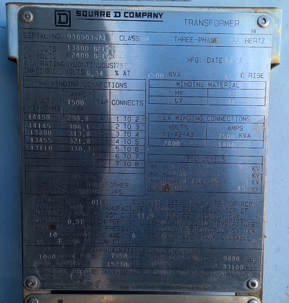 7500 KVA 13800 Delta Primary, 2400 Delta Primary, Square D