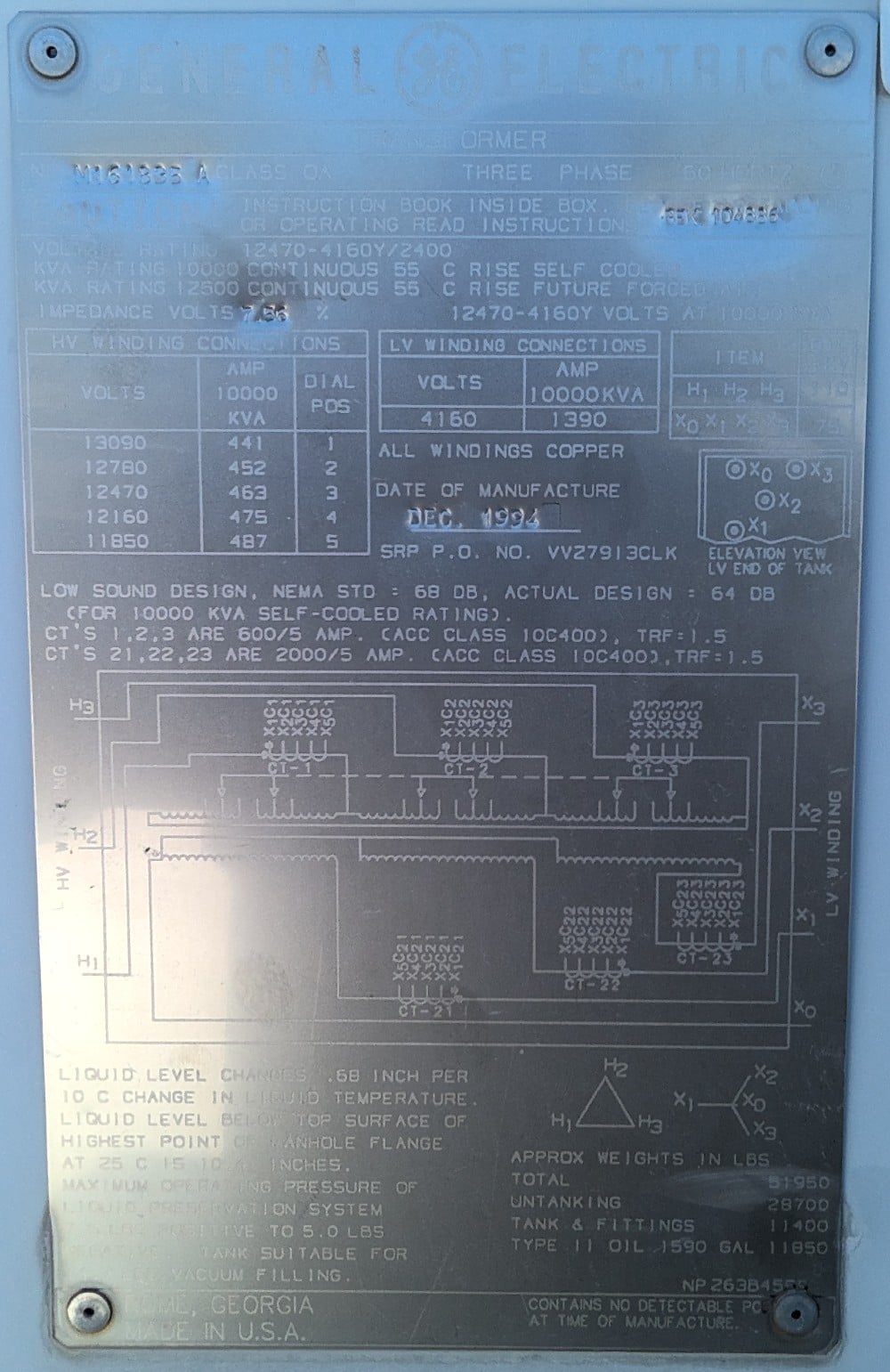 10000/12500 KVA 12470 Delta Primary, 4160Y/2400 Secondary, General Electric