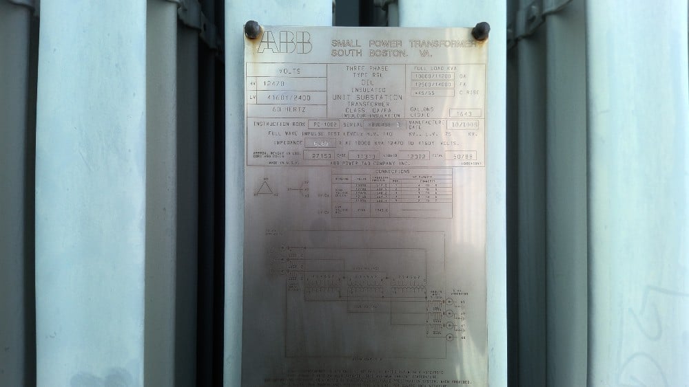 10000/12500 KVA 12470 Delta Primary, 4160Y/2400 Secondary, ABB