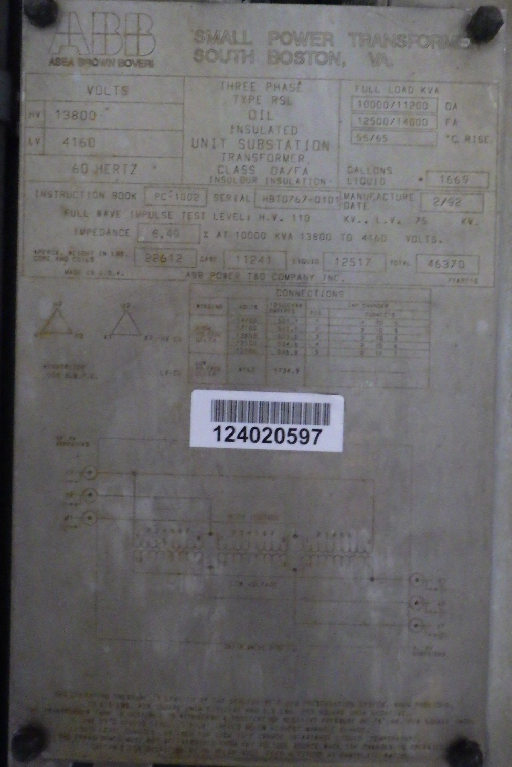 10000/14000 KVA 13800 Delta Primary, 4160 Delta Secondary, ABB