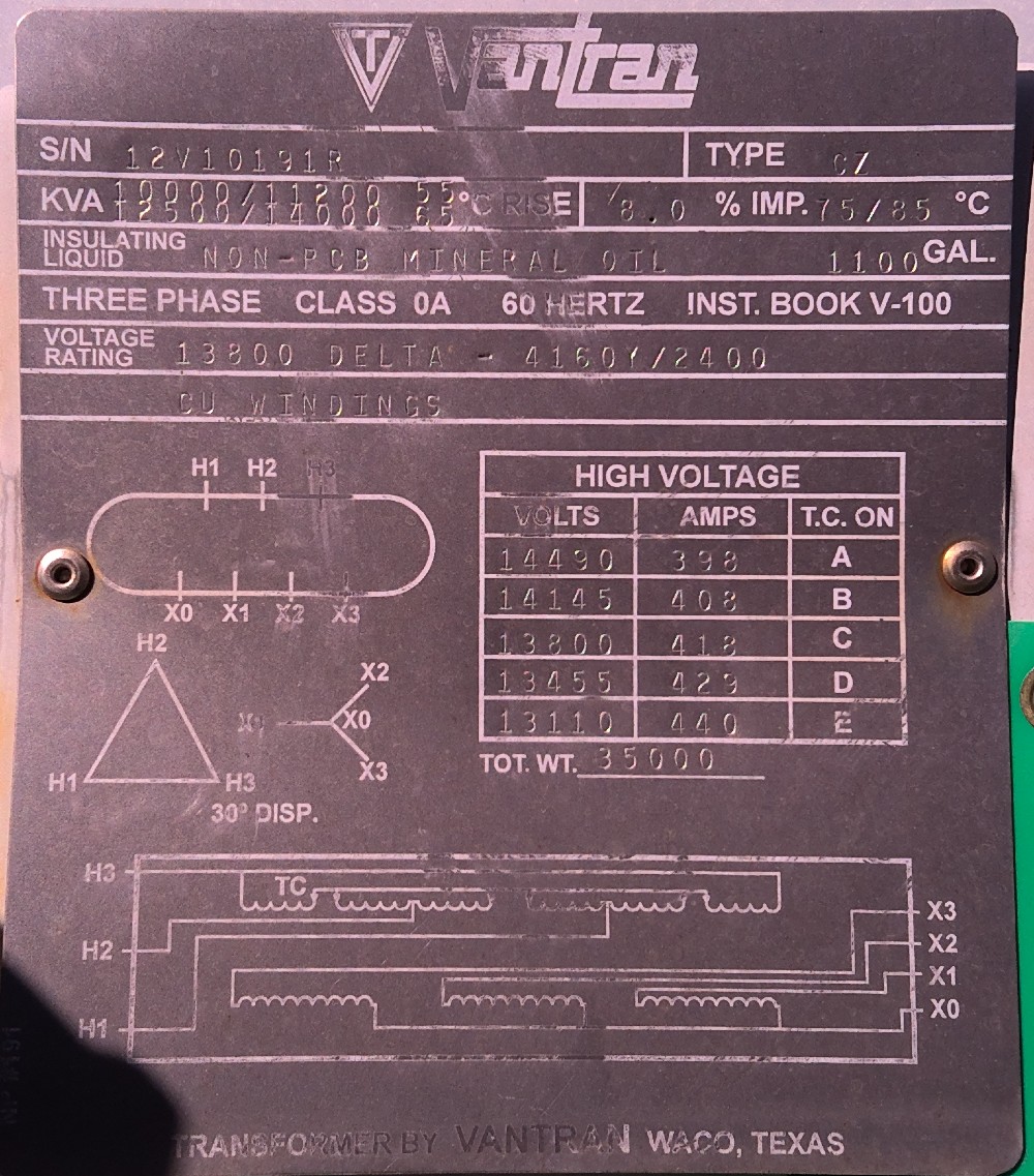 10000/14000 KVA 13800 Delta Primary, 4160Y/2400 Secondary, Vantran Ind.