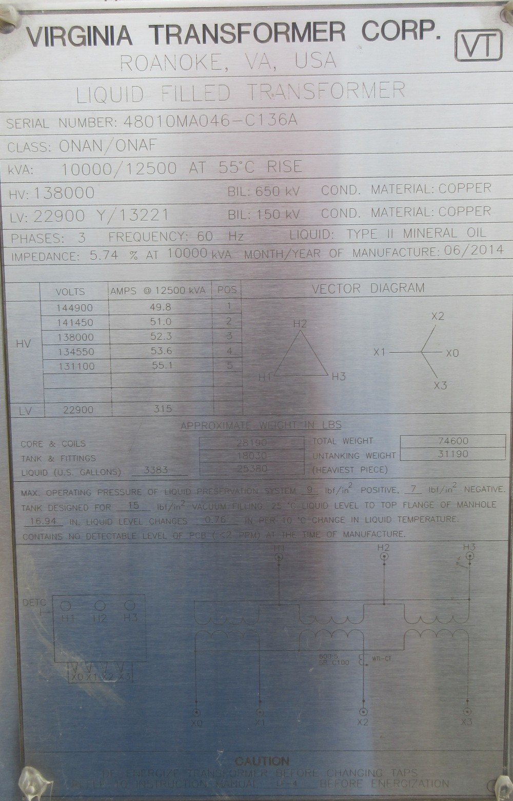 10000/12500 KVA 138000 Delta Primary, 22900Y/13221 Secondary, Virginia Transformer