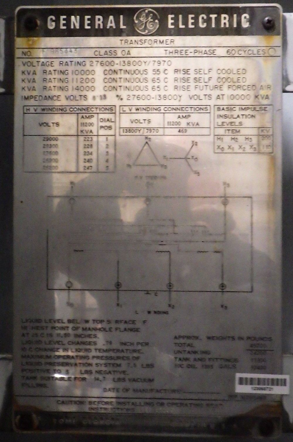 10000/14000 KVA 27600 Delta Primary, 13800Y/7970 Secondary, General Electric