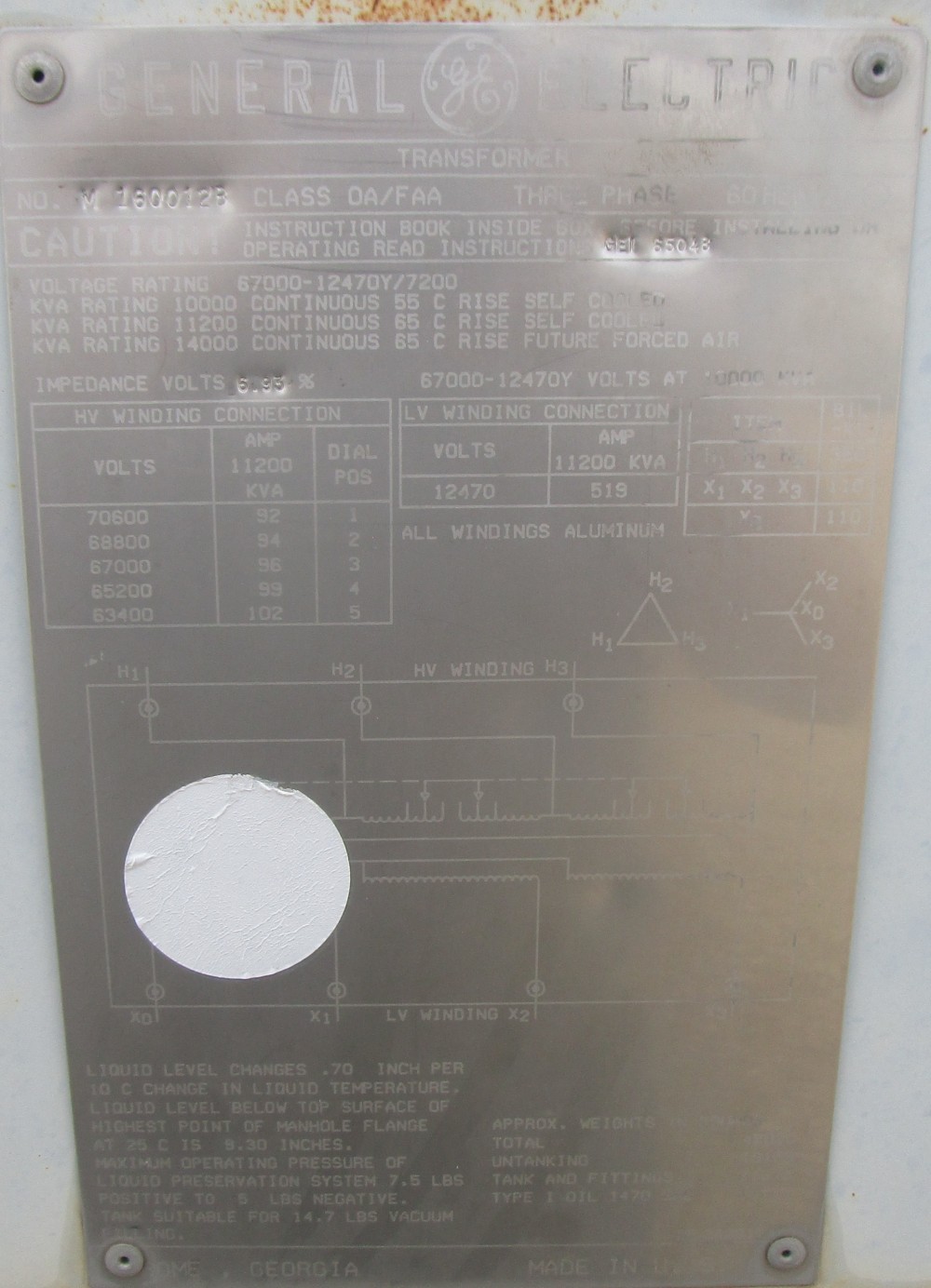10000/14000 KVA 67000 Delta Primary, 12470Y/7200 Secondary, General Electric