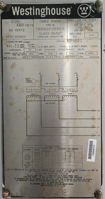 10000/14000 KVA 67000 Delta Primary, 4160Y Secondary, Westinghouse