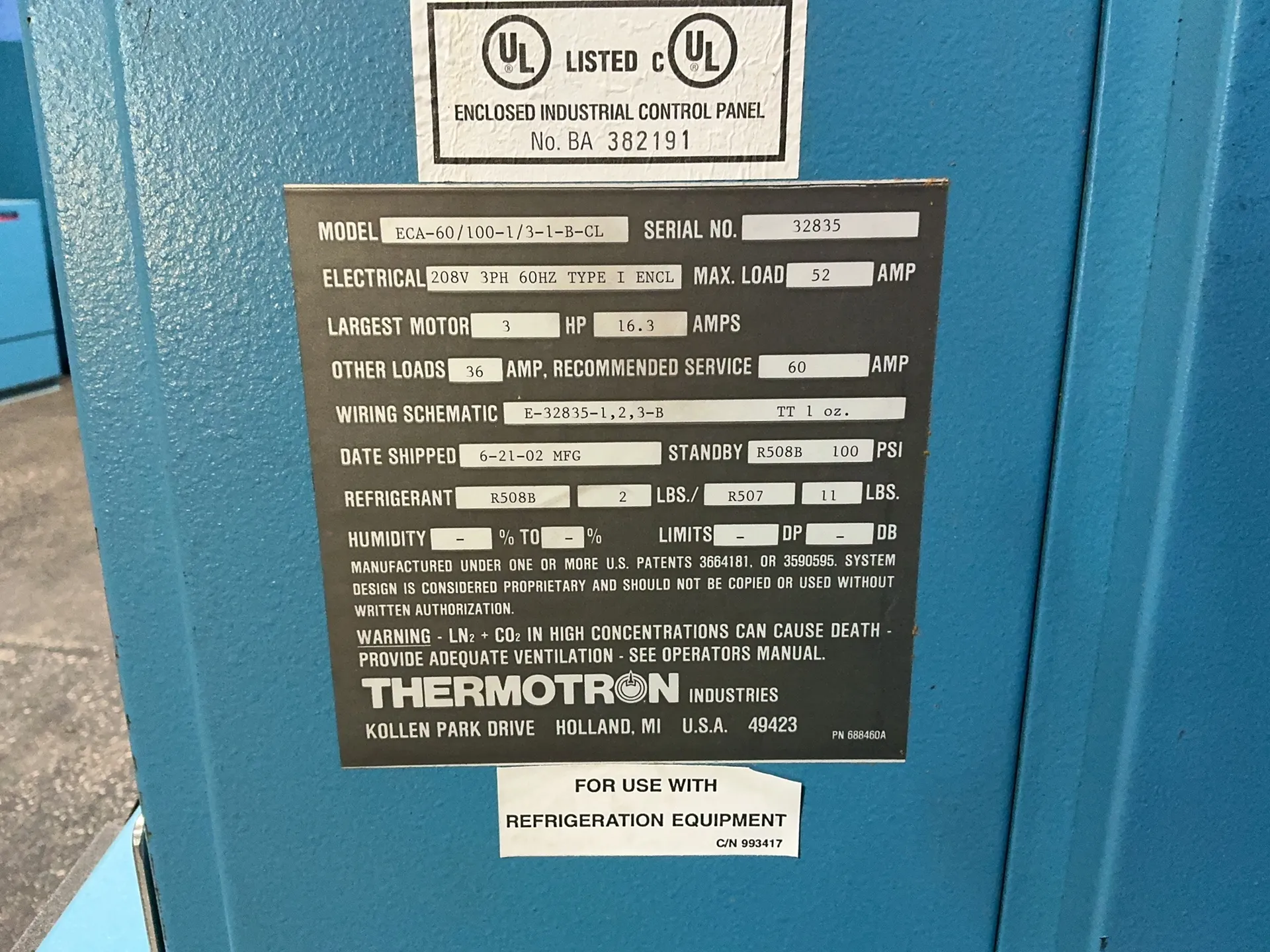 Thermotron #ECA-60/100-1/3-1-B-CL, Equipment Cooling Air Unit, 3 HP, R-508B, R-507, 208 V., 3PH, 2002