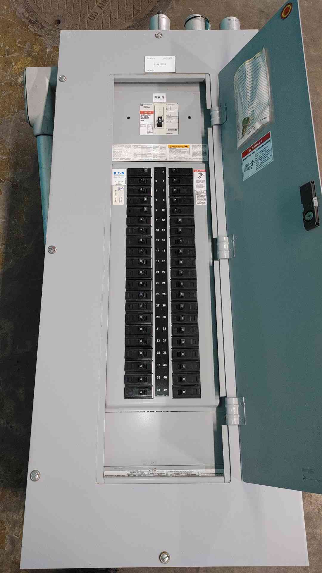 100 Amp. Cutler-Hammer PRL-1A, Panelboard, 480 Volts, 3PH, Main Breaker EHD3100, (42) 20A GHB Breakers