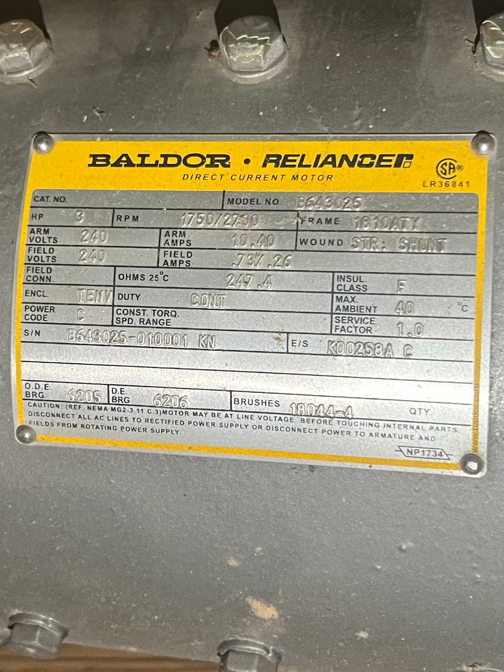 3 HP 1750/2700 RPM Baldor, Frame 1810ATY, TENV, Nema, 240 VA, 240 VF, New