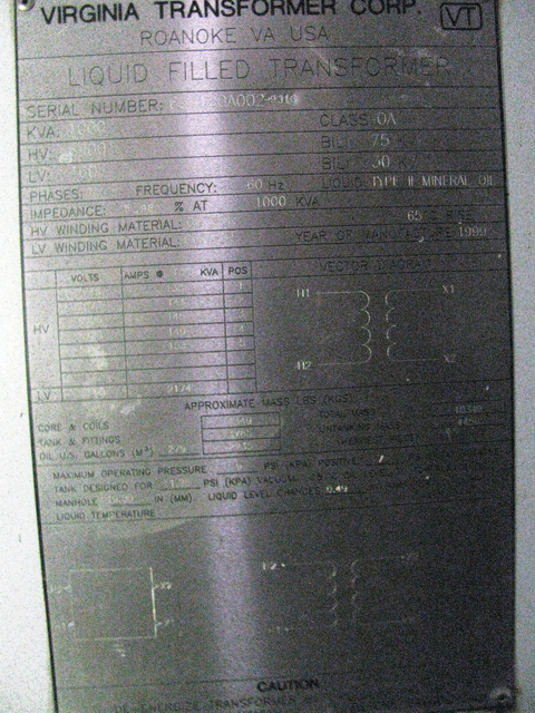 1000 KVA 6900 Primary, 460 Secondary, Virginia, Indoor Transformer, Power Transformer