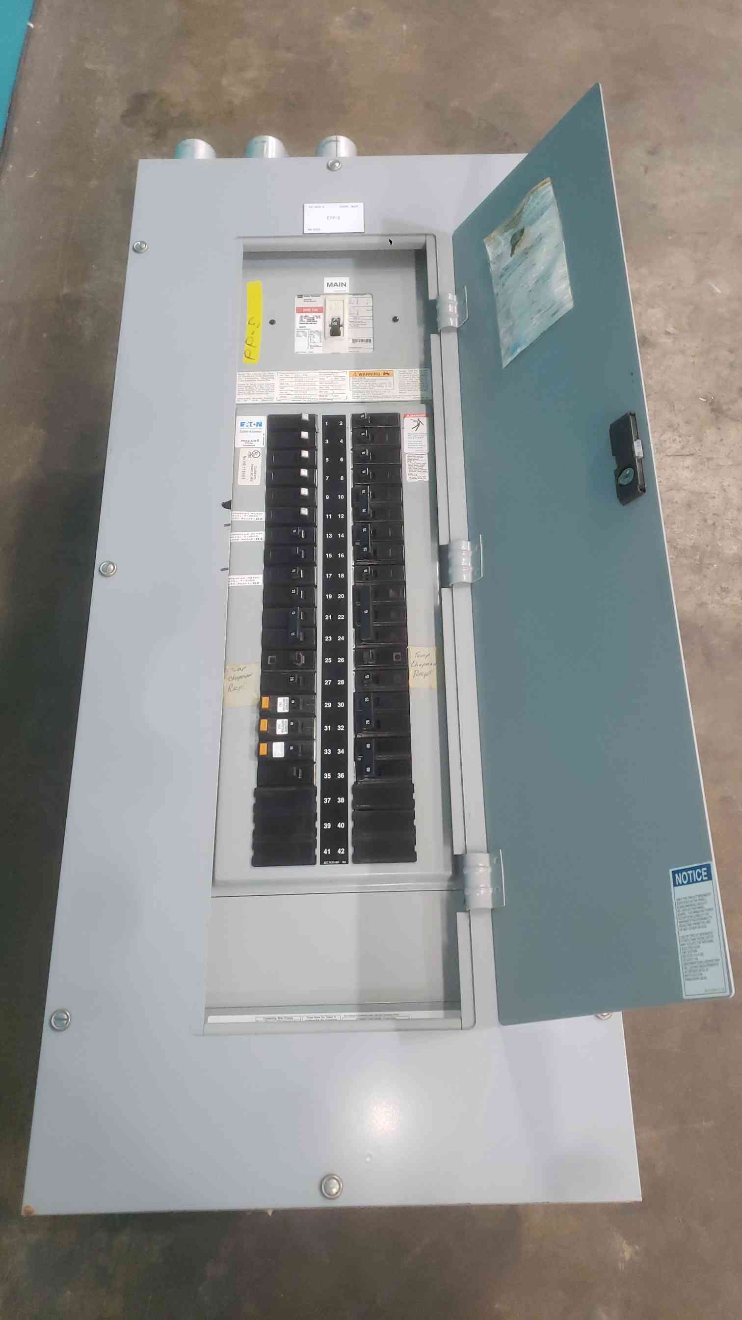 100 Amp. Eaton Cutler-Hammer PRL-1A, Panelboard, Main EHD3100, 3 Phase, Mixed 15A/20A/30A/40A Breakers