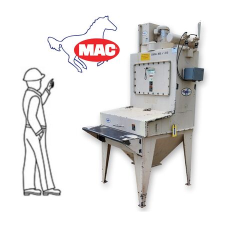 MAC Equipment, manual bag dump station w/ dust collection & fan, 12" x 40" bag table, 2 HP fan, 3465 RPM