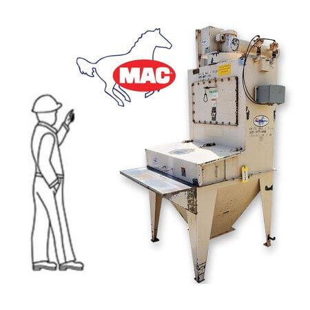 MAC Equipment, manual bag dump station w/ dust collection & fan, 12" x 40" bag table, 2 HP fan, 3465 RPM