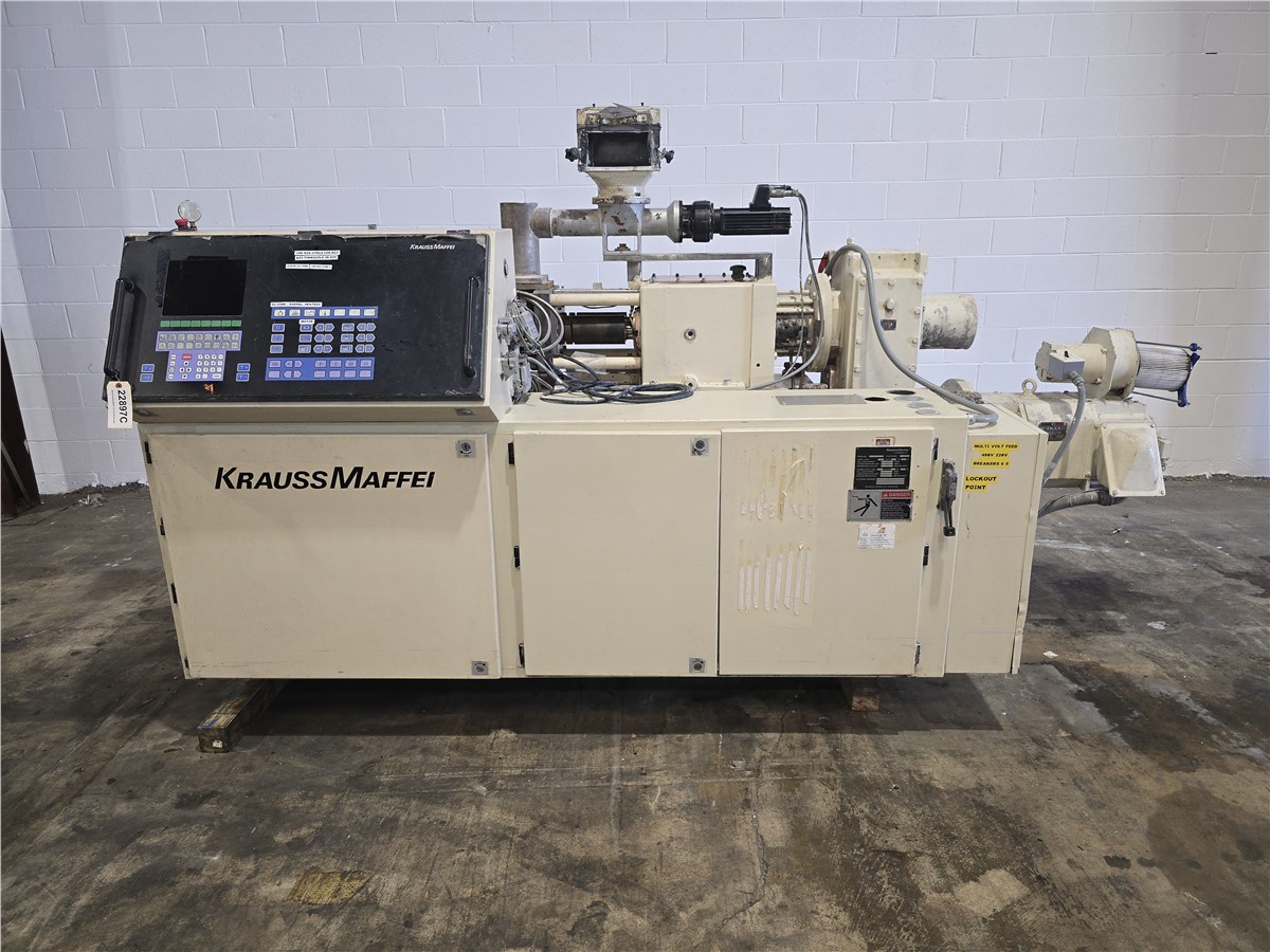 2.36" Krauss Maffei #KMD-2-60/KK, counter rotating conical twin screw extruder, 50 HP, 37.5 RPM, 4 barrel/9