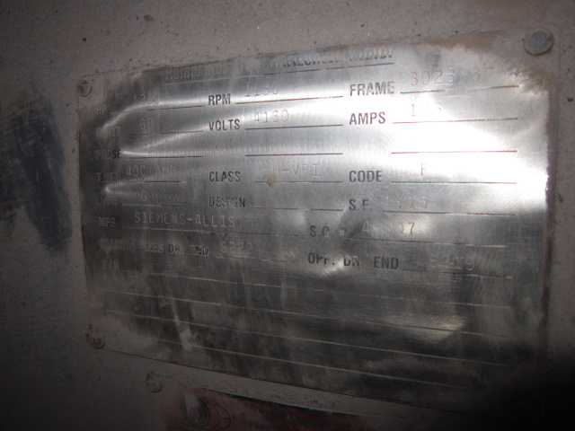 1250 HP 1180 RPM Siemens-Allis, Frame 3023S8, Drip Proof, 4160 Volts
