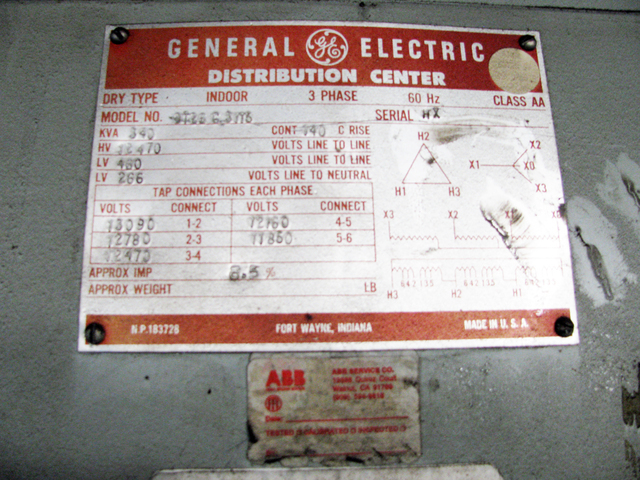 340 KVA 12,470 Primary, 460Y/266 Secondary, General Electric, Dry Type Transformer, 3 Phase (2 available)