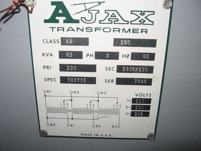 63 KVA 230 Primary, 230Y/133 Secondary, ABB, Isolation Transformer, 3 Phase