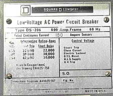600 Amps, Square D #DS206, air circuit breaker (4 availab