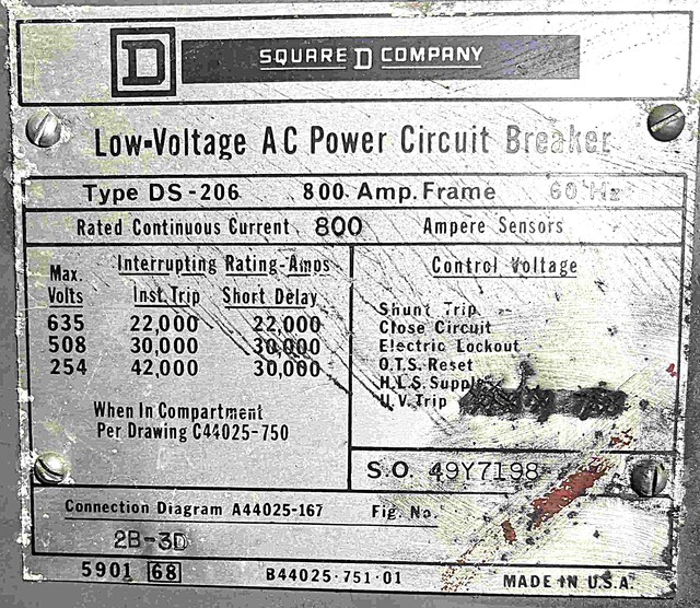800 Amps, Square D #DS206, air circuit breaker (4 availab
