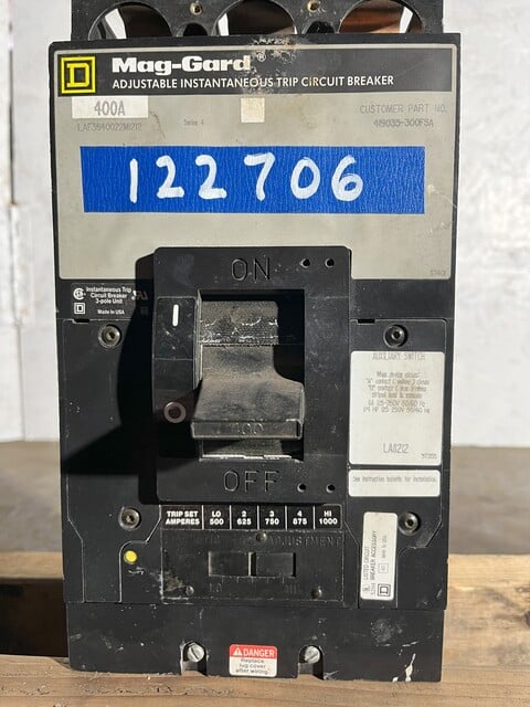 400 Amps, Square D #LAF3640022M1212, molded insulated case circuit breaker, 250 Volts