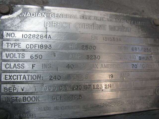 2,500 HP 685/1250 RPM Canadian General Electric, Frame 1893, TESV, 650 VA, 240 VF