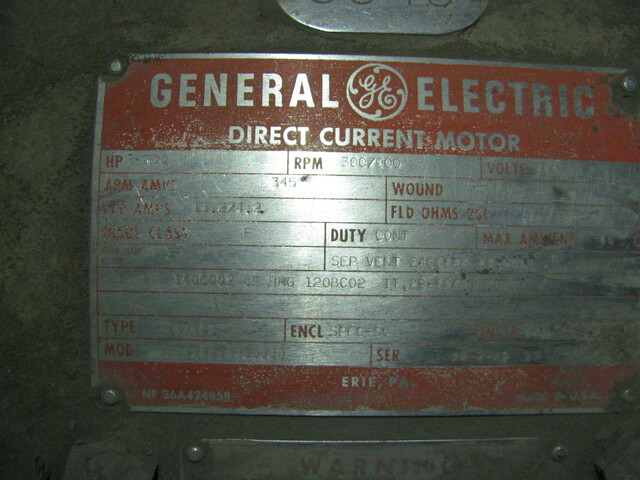 200 HP 300/900 RPM General Electric, Frame CD6513, SPFG-SV, shunt, 500 VA