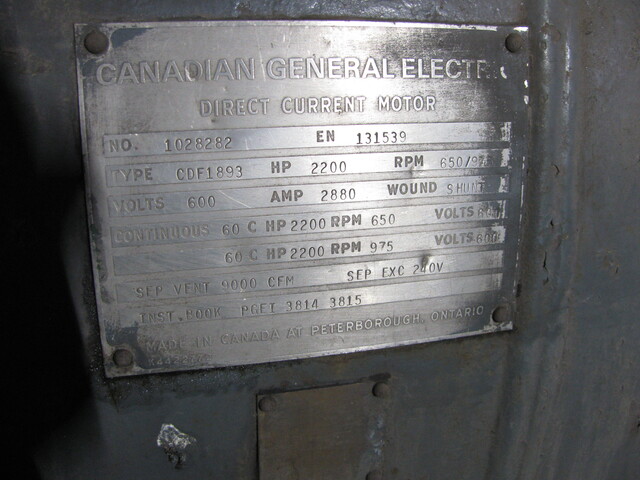 2200 HP 600/975 RPM Canadian General Electric, Frame CDF1893, TEFV, shunt, 600 VA