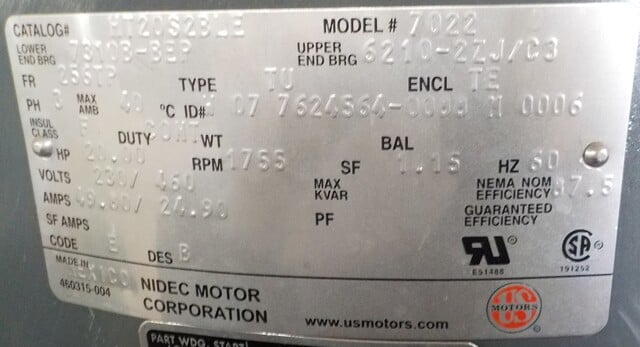 20 HP 1755 RPM U.S. Motors, Frame 256TP, TEFC, VHS, vertical hollow shaft, vertical hollow shaft, 230/460
