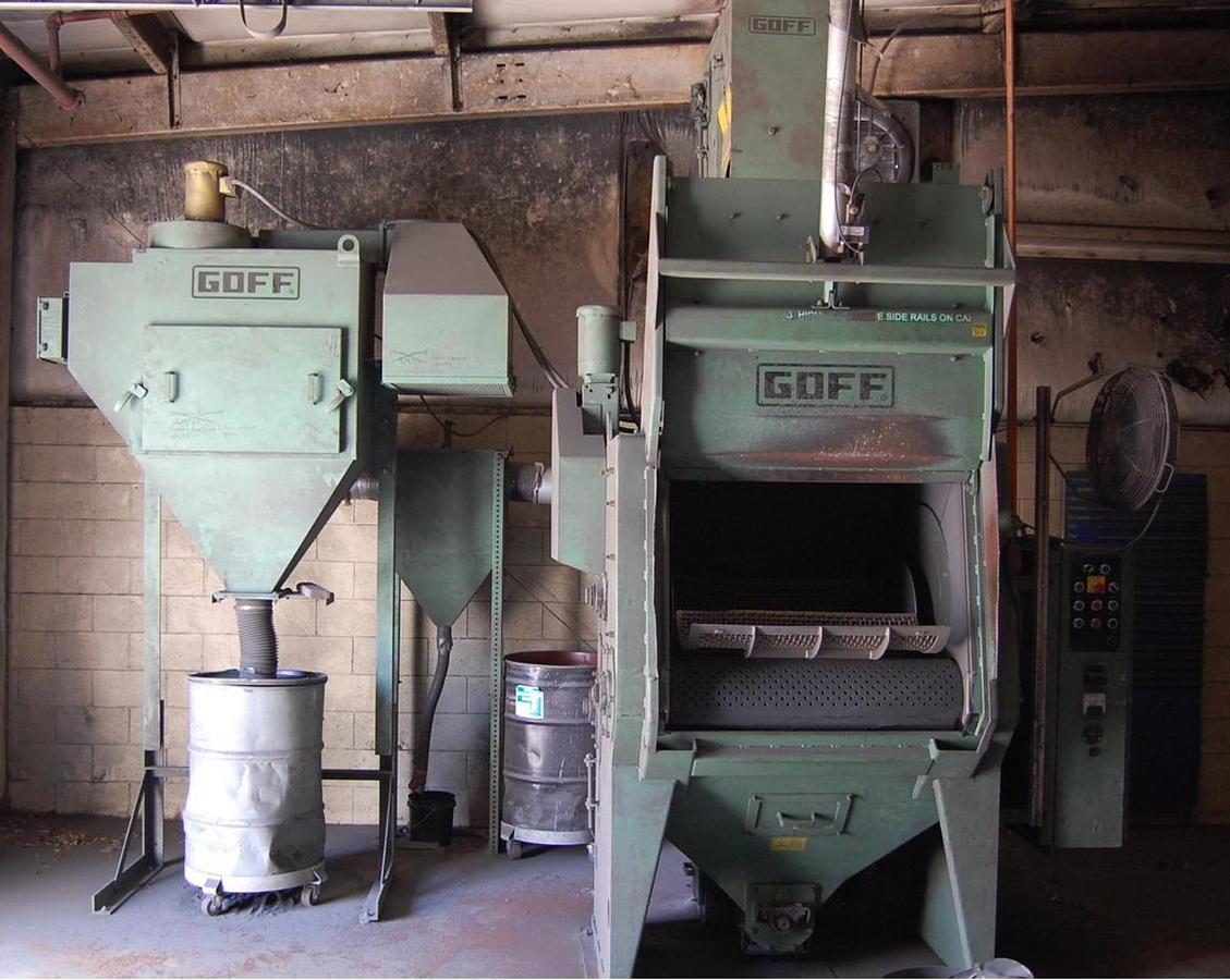 6 cu.ft. Goff #6BB, Rubber Barrel Tumble Blast Machine, 15 HP blast wheel, dust collector