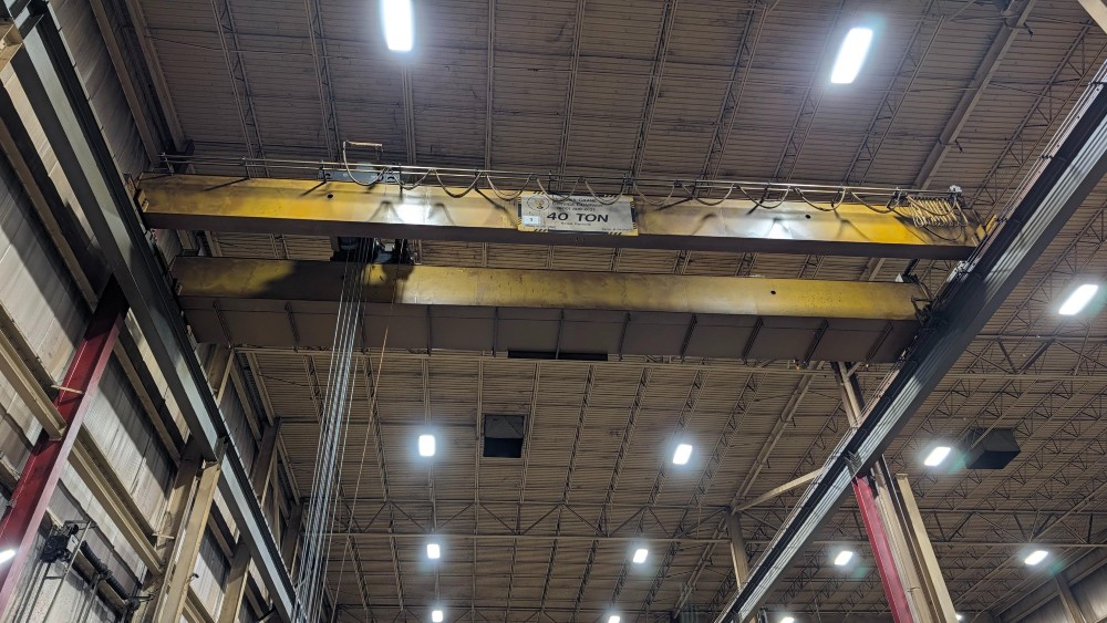 40 Ton, R & M, overhead bridge crane, 56' 4" span, 41' lift, radio control, Class D, VFD bridge/trolley, 2014