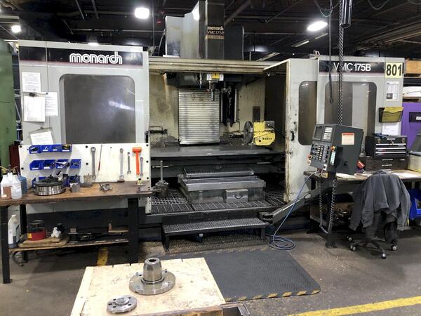Monarch #VMC-175B, CNC vertical machining center, 30" x 76" x 44" travels, 47" Z clearance, Fanuc 15M, thru
