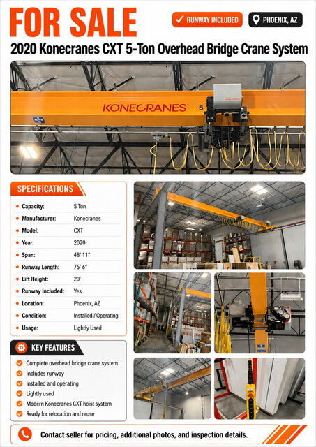 5 Ton, Kone Cranes #CXT, Bridge Crane, 48'11" Span, 75'6" Runway, 20' Lift, 2020