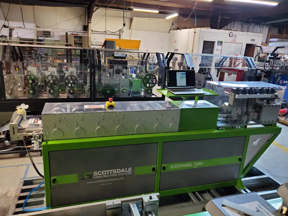 Scotpanel #7090G2, Rollformer, 3.5" x 1.5" C-section, 24-18 gauge, 5,900 FPH, 3 HP, 12.5:1 gearbox, 3,300 lb.