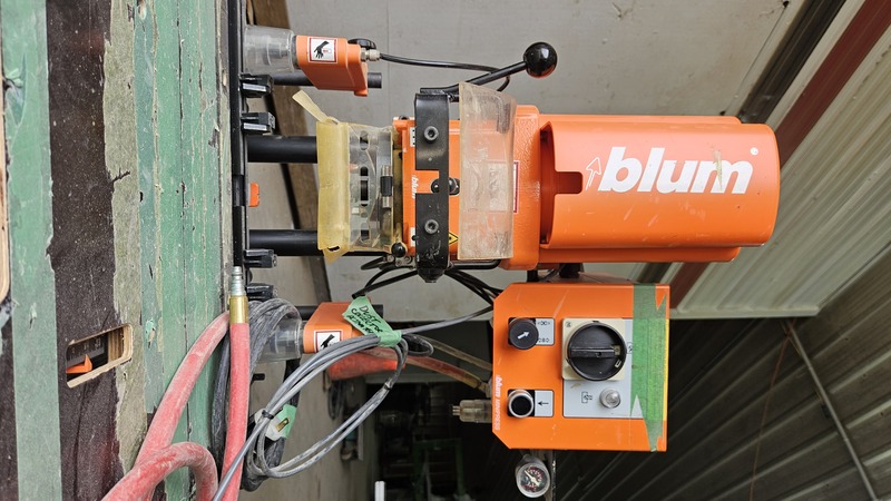 1 Spindle, Blum #Minipress-P, Vertical Pneumatic Boring & Insertion Machine, 35 mm hinge cup boring, 220 V.