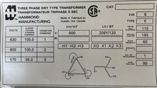 6 KVA 600 Delta Primary, 208Y/120 Secondary, Hammond Mfg., Dry Type K Transformer, Isolation, 3-Phase, 60 Hz