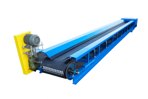 36" wide x 20' long, Rubber belt conveyor, 12" lagged head pulley, chevron V-cleat belt, 5 HP, TEFC, 230/460