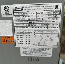60 KVA 480 Delta Primary, 208Y/120 Secondary, Beaver ANN, Dry-Type Isolated Transformer, Type 2