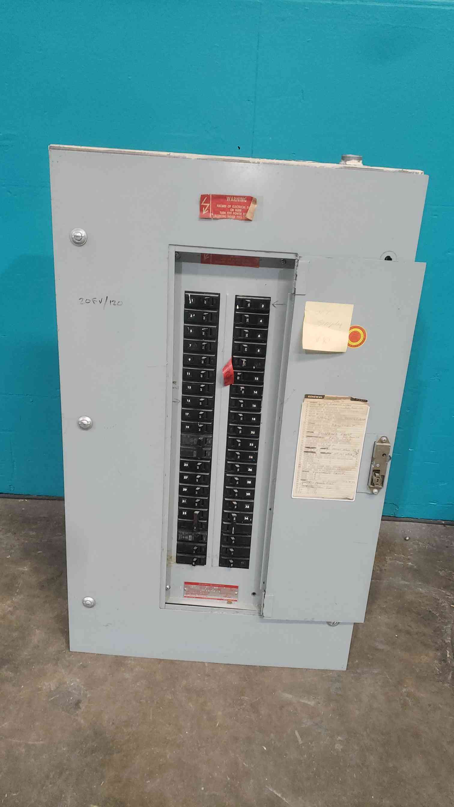 225 Amp. General Electric, NLAB, #BE265478, panelboard, 120/208 Volts, 3 Phase, 35x 20A, 15A TQB breakers