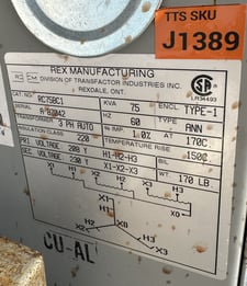 75 KVA 230 Primary, 208Y/230Y Secondary, Rex Mfg., autotransformer, Type ANN, Insulation Class 220, 3-phase