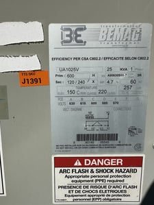 25 KVA 600 Primary, 120/240 Secondary, Bemag Inc.Isolation Transformer, 1-phase, 60 Hz