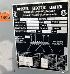 10 KVA 480 Primary, 120Y/240 Secondary, Dresser Electric Ltd., 1-Phase Transformer, Isolation, 1-phase, 60 Hz