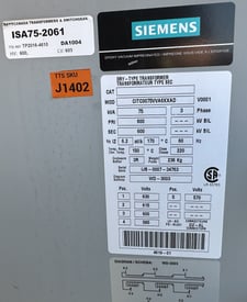 75 KVA 600 Primary, 600 Secondary, Siemans Electric Ltd., Dry Type Transformer, Isolation / Noise / Ground
