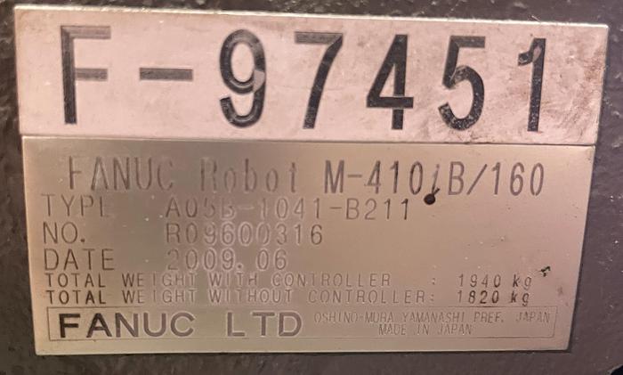Fanuc M-410iB/160, 4-axis articulated palletizing robo, 160 kg payload, 3140mm reach, R-30iA controller, 2009