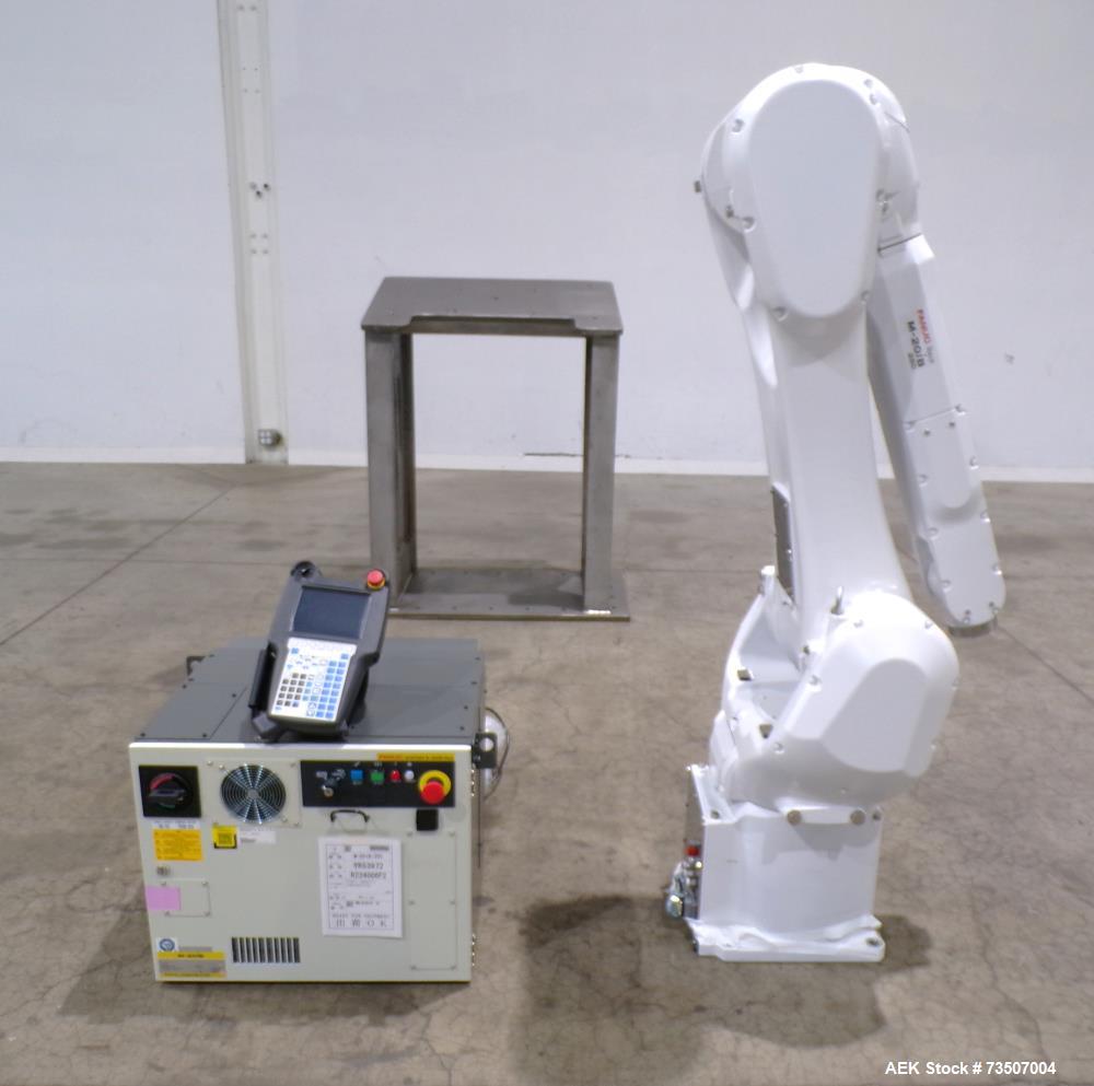 Fanuc #M710/M20, robotic palletizing, (1) LR-Mate-7L Robot, (1) R-100iC Robot, Sleeving Device, Safety