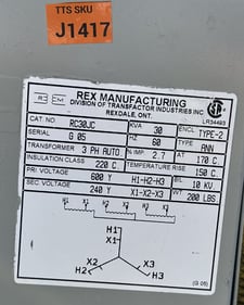 30 KVA 600Y Primary, 240Y Secondary, Rex Mfg. (Transfactor Industries, Inc.), 3-Phase autotransformer
